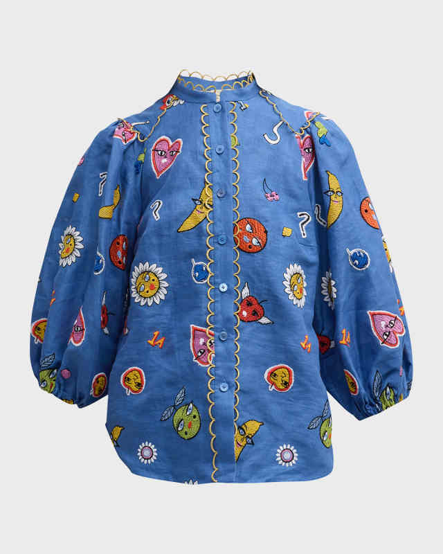 Mixed Emoji Embroidered Linen Shirt Jacket